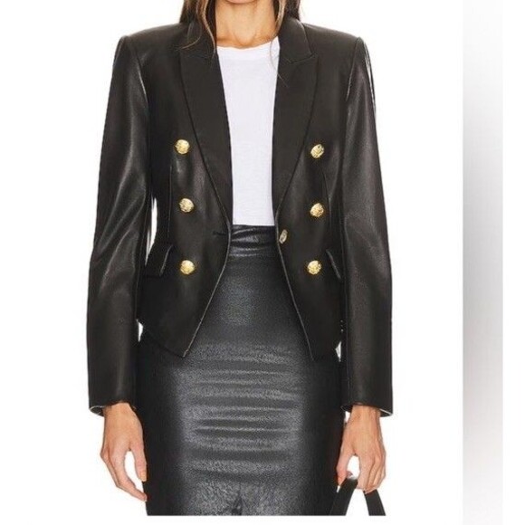 VERONICA BEARD Jackets & Blazers - Veronica Beard Dickey Lamb Leather Blazer Jacket Cropped Black Gold Size 10